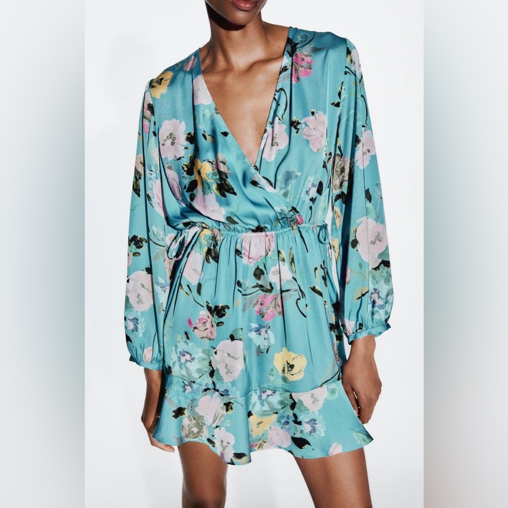 ZARA FLORAL PRINT SATIN EFFECT DRESS